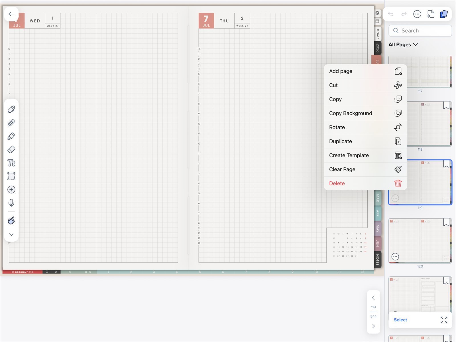Page action menu