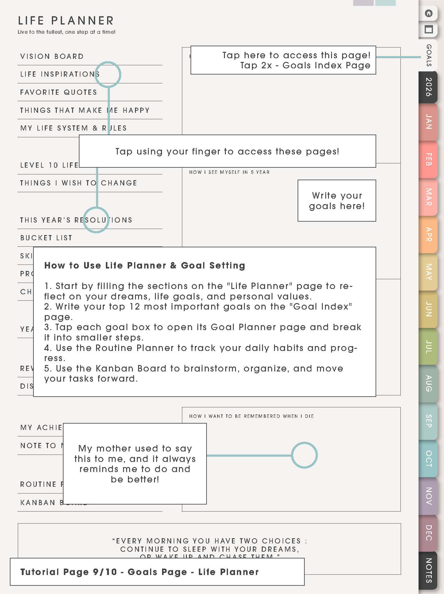 Tutorial Page 9/10 - Goals Page, Life Planner