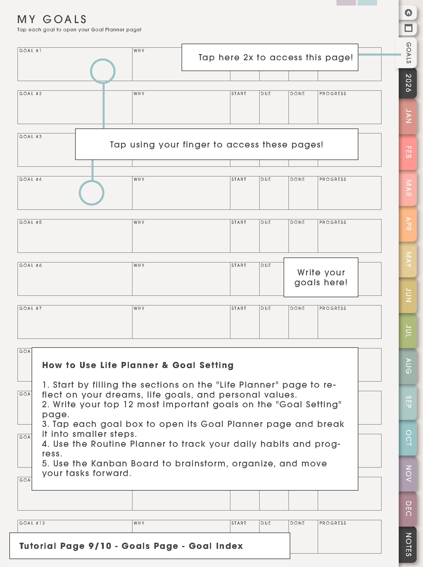 Tutorial Page 9/10 - Goals Page, Goal Index