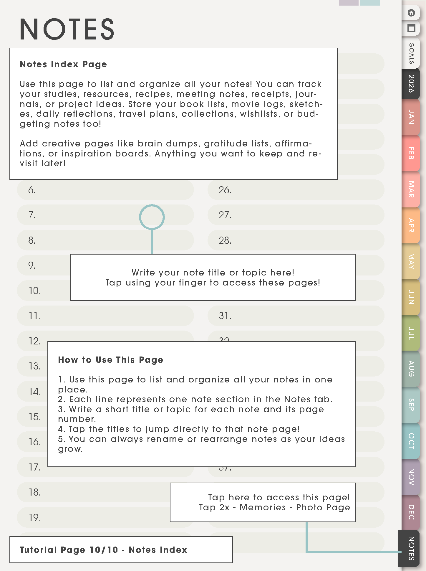 Tutorial Page 10/10 - Notes Index