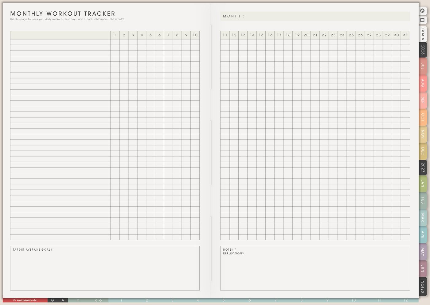 Monthly Workout Tracker from Yume Techo Academic 26-27 Landscape