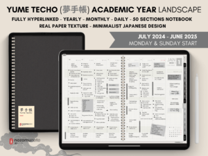 Dated Academic 2025 Digital Planner Yume Techo NozomuNoto Notebook Daily Weekly Monthly Calendar Japanese Multipurpose Minimalist ADHD Bullet Journal Hyperlinked PDF Goodnotes Notability Landscape Android iPad Student Noteshelf Samsung Hobonichi