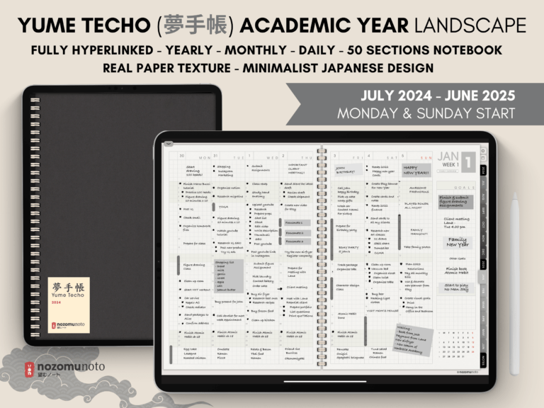 Dated Academic 2025 Digital Planner Yume Techo NozomuNoto Notebook Daily Weekly Monthly Calendar Japanese Multipurpose Minimalist ADHD Bullet Journal Hyperlinked PDF Goodnotes Notability Landscape Android iPad Student Noteshelf Samsung Hobonichi