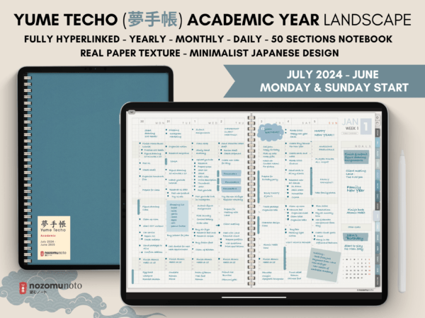 Dated Academic 2025 Digital Planner Yume Techo NozomuNoto Notebook Daily Weekly Monthly Calendar Japanese Multipurpose Minimalist ADHD Bullet Journal Hyperlinked PDF Goodnotes Notability Landscape Android iPad Student Noteshelf Samsung Hobonichi