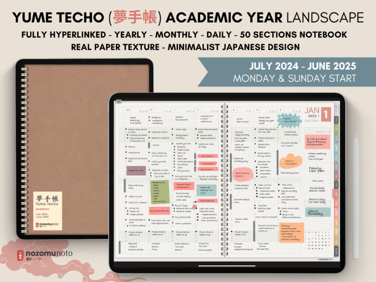 Dated Academic 2025 Digital Planner Yume Techo NozomuNoto Notebook Daily Weekly Monthly Calendar Japanese Multipurpose Minimalist ADHD Bullet Journal Hyperlinked PDF Goodnotes Notability Landscape Android iPad Student Noteshelf Samsung Hobonichi