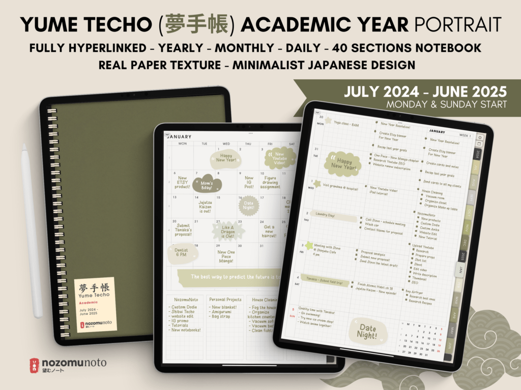 Dated Academic 2025 Digital Planner Yume Techo NozomuNoto Notebook Daily Weekly Monthly Calendar Japanese Multipurpose Minimalist ADHD Bullet Journal Hyperlinked PDF Goodnotes Notability Portrait Android iPad Student Noteshelf Samsung Notes Hobonichi