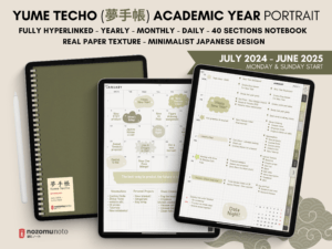 Dated Academic 2025 Digital Planner Yume Techo NozomuNoto Notebook Daily Weekly Monthly Calendar Japanese Multipurpose Minimalist ADHD Bullet Journal Hyperlinked PDF Goodnotes Notability Portrait Android iPad Student Noteshelf Samsung Notes Hobonichi