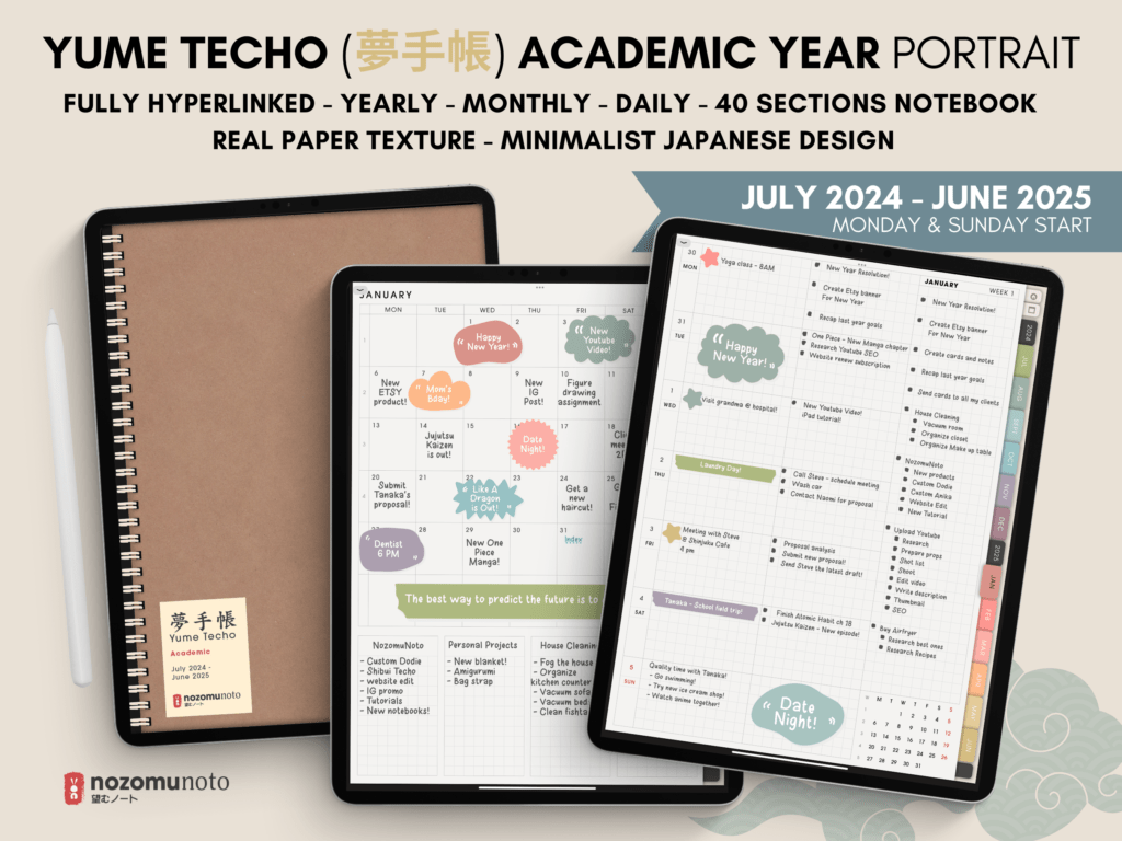 Dated Academic 2025 Digital Planner Yume Techo NozomuNoto Notebook Daily Weekly Monthly Calendar Japanese Multipurpose Minimalist ADHD Bullet Journal Hyperlinked PDF Goodnotes Notability Portrait Android iPad Student Noteshelf Samsung Notes Hobonichi