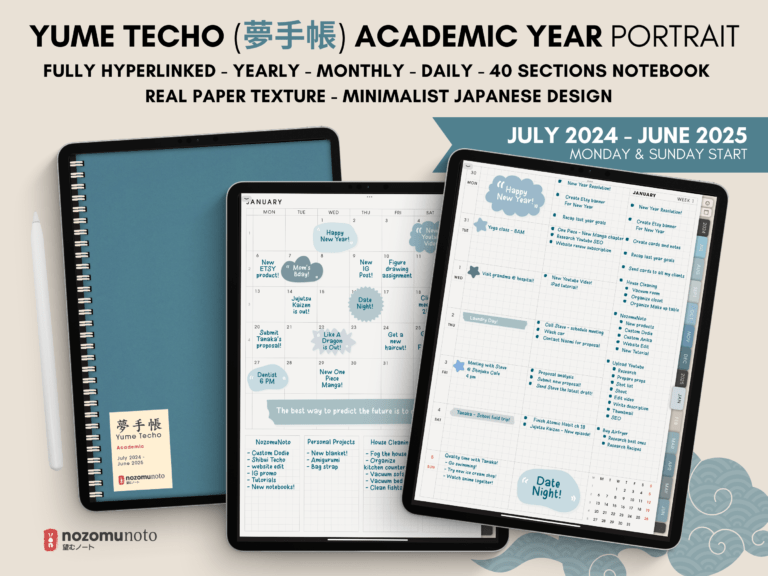 Dated Academic 2025 Digital Planner Yume Techo NozomuNoto Notebook Daily Weekly Monthly Calendar Japanese Multipurpose Minimalist ADHD Bullet Journal Hyperlinked PDF Goodnotes Notability Portrait Android iPad Student Noteshelf Samsung Notes Hobonichi