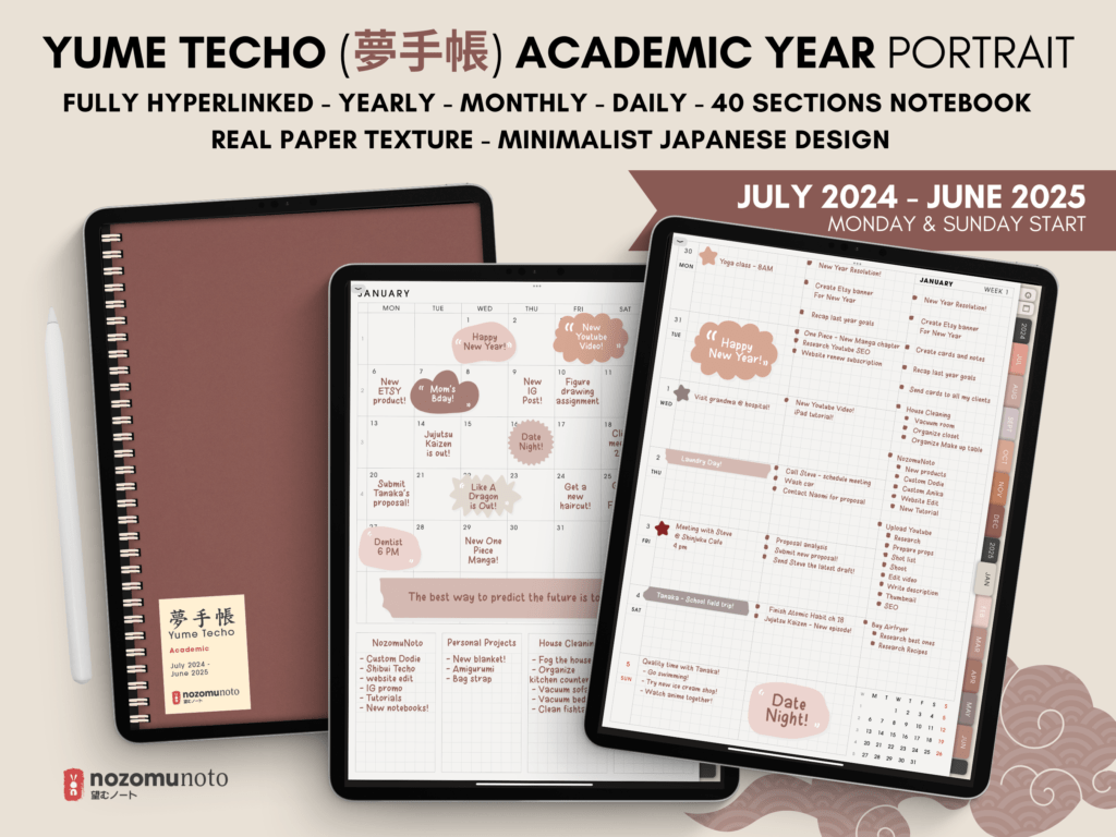 Dated Academic 2025 Digital Planner Yume Techo NozomuNoto Notebook Daily Weekly Monthly Calendar Japanese Multipurpose Minimalist ADHD Bullet Journal Hyperlinked PDF Goodnotes Notability Portrait Android iPad Student Noteshelf Samsung Notes Hobonichi