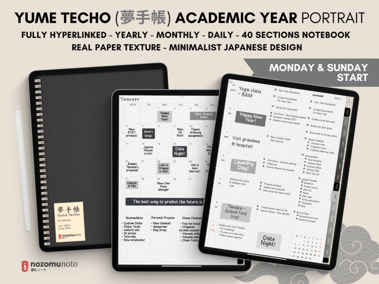 Dated Academic 2025 Digital Planner Yume Techo NozomuNoto Notebook Daily Weekly Monthly Calendar Japanese Multipurpose Minimalist ADHD Bullet Journal Hyperlinked PDF Goodnotes Notability Portrait Android iPad Student Noteshelf Samsung Notes Hobonichi