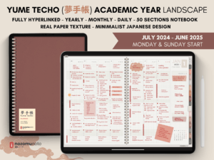 Dated Academic 2025 Digital Planner Yume Techo NozomuNoto Notebook Daily Weekly Monthly Calendar Japanese Multipurpose Minimalist ADHD Bullet Journal Hyperlinked PDF Goodnotes Notability Landscape Android iPad Student Noteshelf Samsung Hobonichi