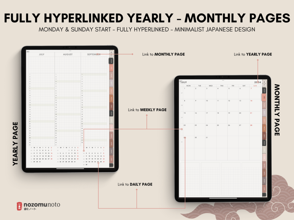 Dated Academic 2025 Digital Planner Yume Techo NozomuNoto Notebook Daily Weekly Monthly Calendar Japanese Multipurpose Minimalist ADHD Bullet Journal Hyperlinked PDF Goodnotes Notability Portrait Android iPad Student Noteshelf Samsung Notes Hobonichi