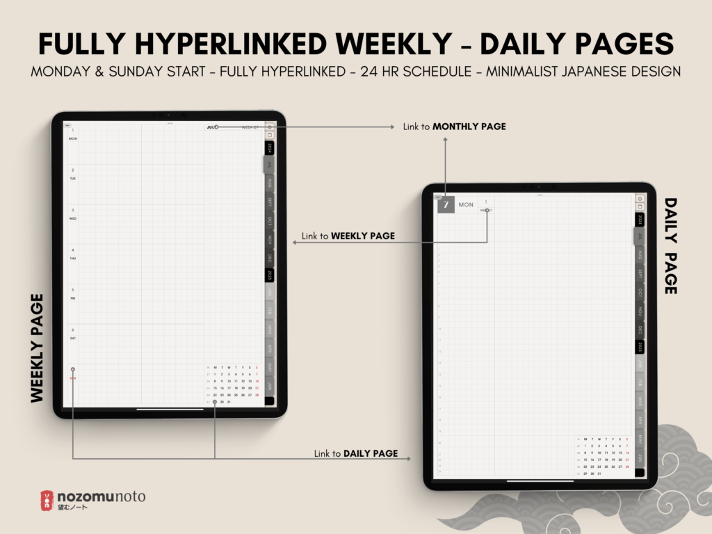 Dated Academic 2025 Digital Planner Yume Techo NozomuNoto Notebook Daily Weekly Monthly Calendar Japanese Multipurpose Minimalist ADHD Bullet Journal Hyperlinked PDF Goodnotes Notability Portrait Android iPad Student Noteshelf Samsung Notes Hobonichi