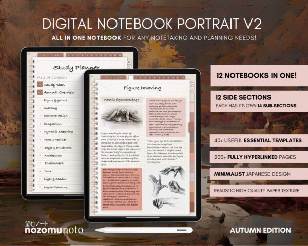 Digital Notebook V2 Yume Noto NozomuNoto Japanese Multipurpose Minimalist ADHD Bullet Journal Hyperlinked PDF Goodnotes Notability Android Tablet iPad Student Study Teacher Travel Cornell Grid Lines Dotted Template Noteshelf Samsung Xodo