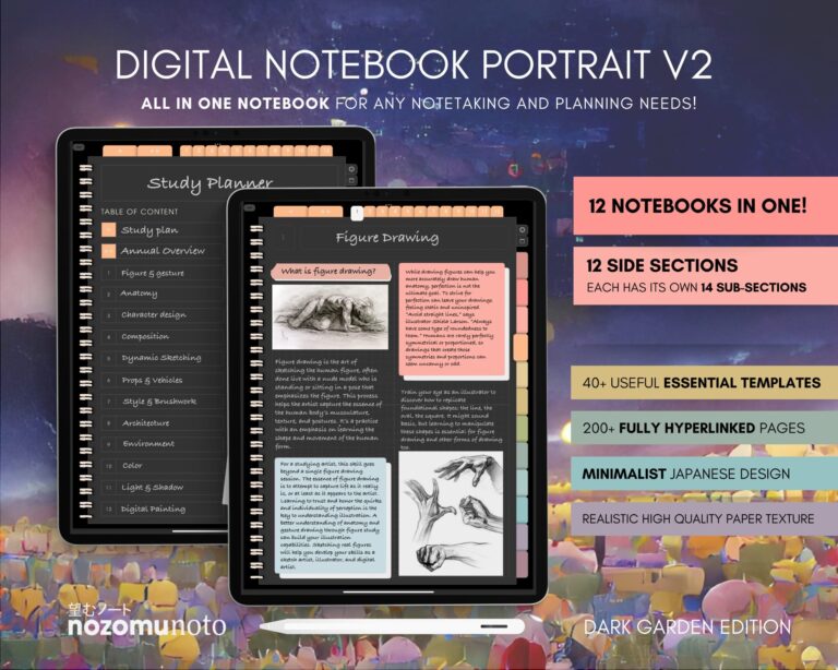 Digital Notebook V2 Yume Noto NozomuNoto Japanese Multipurpose Minimalist ADHD Bullet Journal Hyperlinked PDF Goodnotes Notability Android Tablet iPad Student Study Teacher Travel Cornell Grid Lines Dotted Template Noteshelf Samsung Xodo