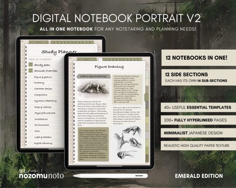 Digital Notebook V2 Yume Noto NozomuNoto Japanese Multipurpose Minimalist ADHD Bullet Journal Hyperlinked PDF Goodnotes Notability Android Tablet iPad Student Study Teacher Travel Cornell Grid Lines Dotted Template Noteshelf Samsung Xodo