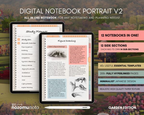 Digital Notebook V2 Yume Noto NozomuNoto Japanese Multipurpose Minimalist ADHD Bullet Journal Hyperlinked PDF Goodnotes Notability Android Tablet iPad Student Study Teacher Travel Cornell Grid Lines Dotted Template Noteshelf Samsung Xodo