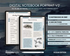 Digital Notebook V2 Yume Noto NozomuNoto Japanese Multipurpose Minimalist ADHD Bullet Journal Hyperlinked PDF Goodnotes Notability Android Tablet iPad Student Study Teacher Travel Cornell Grid Lines Dotted Template Noteshelf Samsung Xodo