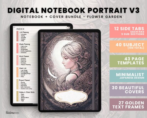 Digital Notebook V3 Cover Yume Noto NozomuNoto Japanese Multipurpose Minimalist ADHD Bullet Journal Hyperlinked PDF Goodnotes Notability Android Tablet iPad Student Study Teacher Travel Cornell Grid Lines Dotted Template Noteshelf Samsung Xodo