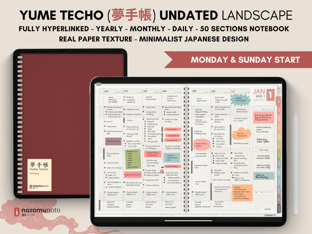 Undated Digital Planner Yume Techo NozomuNoto Notebook Daily Weekly Monthly Calendar Japanese Multipurpose Minimalist ADHD Bullet Journal Hyperlinked PDF Goodnotes Notability Landscape Android iPad Student Study Noteshelf Samsung Notes Hobonichi