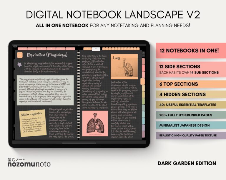 Digital Notebook V1 Landscape Yume Noto NozomuNoto Japanese Multipurpose Minimalist ADHD Bullet Journal Hyperlinked PDF Goodnotes Notability Android Tablet iPad Student Study Teacher Travel Cornell Grid Lines Dotted Template Noteshelf Samsung Xodo