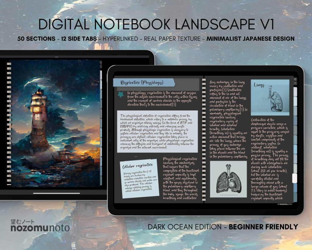 Digital Notebook V1 Landscape Yume Noto NozomuNoto Japanese Multipurpose Minimalist ADHD Bullet Journal Hyperlinked PDF Goodnotes Notability Android Tablet iPad Student Study Teacher Travel Cornell Grid Lines Dotted Template Noteshelf Samsung Xodo