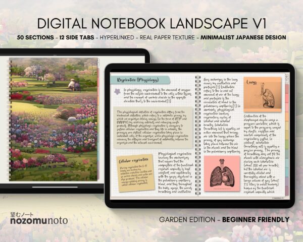 Digital Notebook V1 Landscape Yume Noto NozomuNoto Japanese Multipurpose Minimalist ADHD Bullet Journal Hyperlinked PDF Goodnotes Notability Android Tablet iPad Student Study Teacher Travel Cornell Grid Lines Dotted Template Noteshelf Samsung Xodo