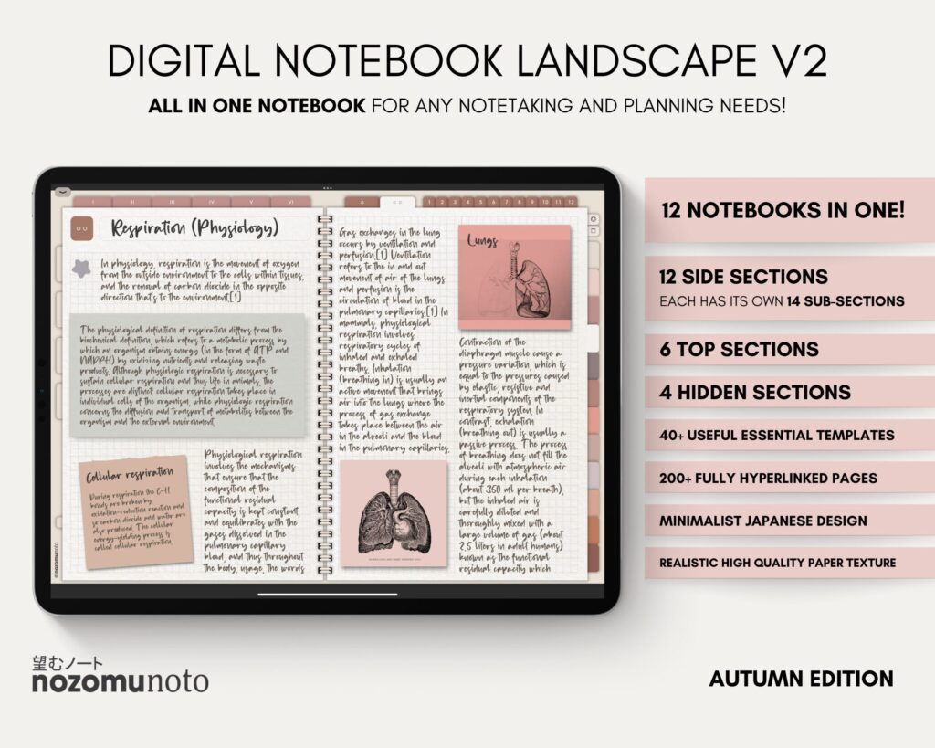 Digital Notebook V2 Landscape Yume Noto NozomuNoto Japanese Multipurpose Minimalist ADHD Bullet Journal Hyperlinked PDF Goodnotes Notability Android Tablet iPad Student Study Teacher Travel Cornell Grid Lines Dotted Template Noteshelf Samsung Xodo