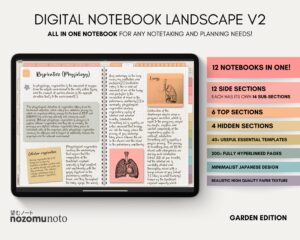 Digital Notebook V2 Landscape Yume Noto NozomuNoto Japanese Multipurpose Minimalist ADHD Bullet Journal Hyperlinked PDF Goodnotes Notability Android Tablet iPad Student Study Teacher Travel Cornell Grid Lines Dotted Template Noteshelf Samsung Xodo