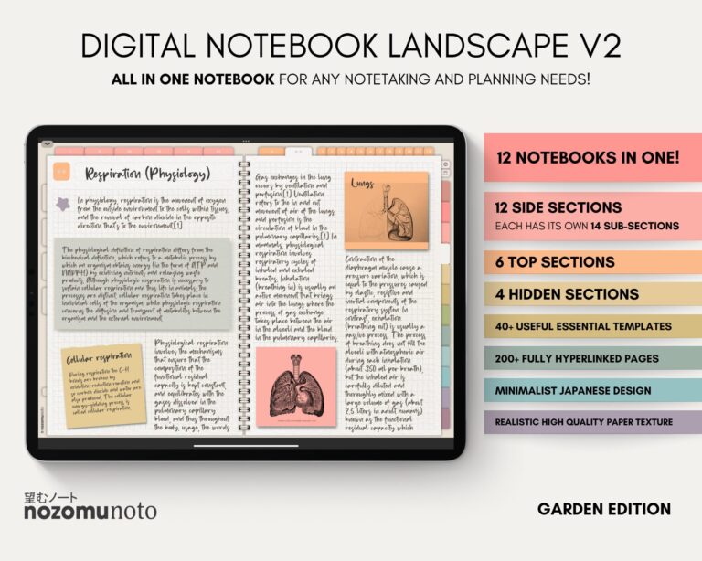 Digital Notebook V2 Landscape Yume Noto NozomuNoto Japanese Multipurpose Minimalist ADHD Bullet Journal Hyperlinked PDF Goodnotes Notability Android Tablet iPad Student Study Teacher Travel Cornell Grid Lines Dotted Template Noteshelf Samsung Xodo