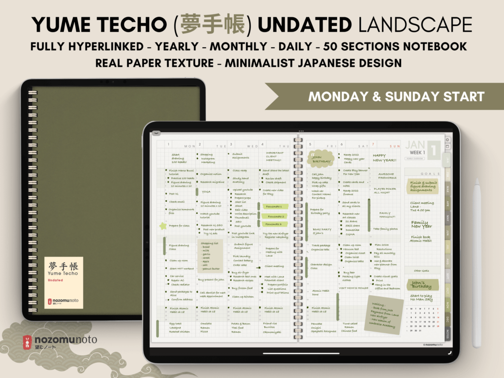 Undated Digital Planner Yume Techo NozomuNoto Notebook Daily Weekly Monthly Calendar Japanese Multipurpose Minimalist ADHD Bullet Journal Hyperlinked PDF Goodnotes Notability Landscape Android iPad Student Study Noteshelf Samsung Notes Hobonichi