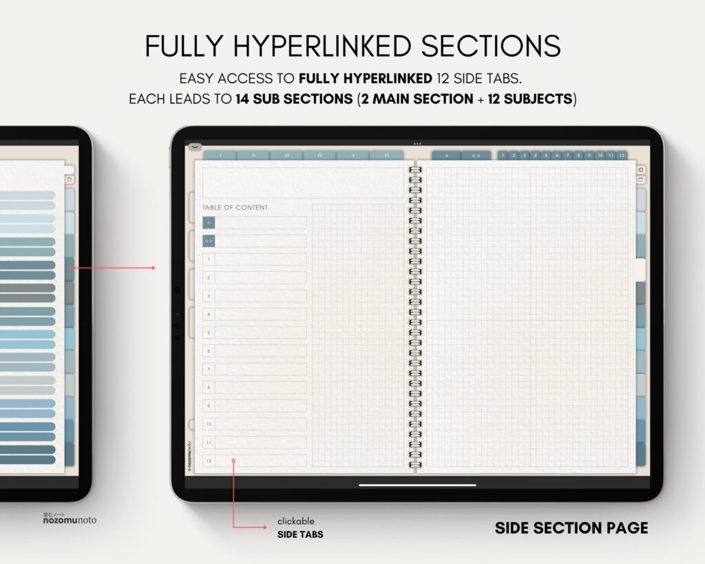 Digital Notebook V2 Landscape Yume Noto NozomuNoto Japanese Multipurpose Minimalist ADHD Bullet Journal Hyperlinked PDF Goodnotes Notability Android Tablet iPad Student Study Teacher Travel Cornell Grid Lines Dotted Template Noteshelf Samsung Xodo