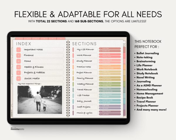 Digital Notebook V2 Landscape Yume Noto NozomuNoto Japanese Multipurpose Minimalist ADHD Bullet Journal Hyperlinked PDF Goodnotes Notability Android Tablet iPad Student Study Teacher Travel Cornell Grid Lines Dotted Template Noteshelf Samsung Xodo