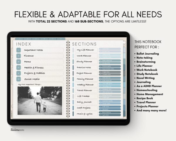 Digital Notebook V2 Landscape Yume Noto NozomuNoto Japanese Multipurpose Minimalist ADHD Bullet Journal Hyperlinked PDF Goodnotes Notability Android Tablet iPad Student Study Teacher Travel Cornell Grid Lines Dotted Template Noteshelf Samsung Xodo