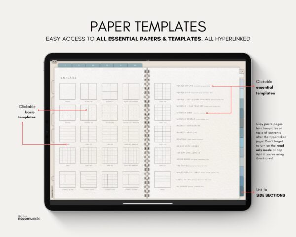 Digital Notebook V2 Landscape Yume Noto NozomuNoto Japanese Multipurpose Minimalist ADHD Bullet Journal Hyperlinked PDF Goodnotes Notability Android Tablet iPad Student Study Teacher Travel Cornell Grid Lines Dotted Template Noteshelf Samsung Xodo