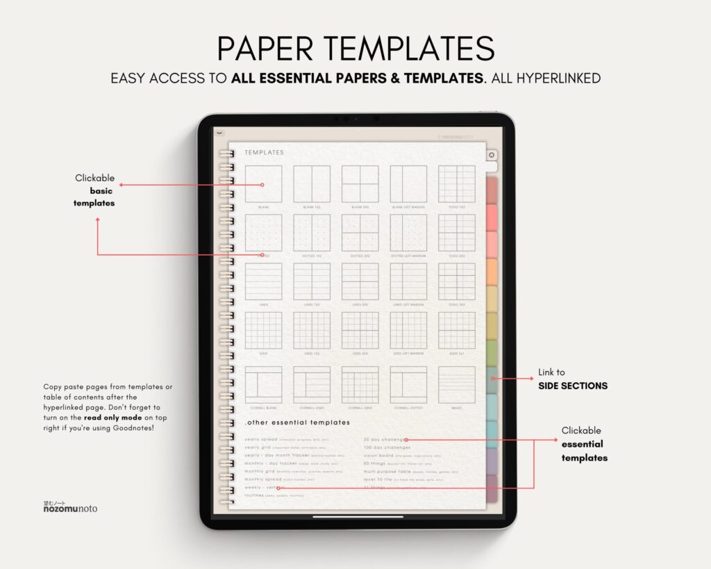 Digital Notebook V2 Yume Noto NozomuNoto Japanese Multipurpose Minimalist ADHD Bullet Journal Hyperlinked PDF Goodnotes Notability Android Tablet iPad Student Study Teacher Travel Cornell Grid Lines Dotted Template Noteshelf Samsung Xodo