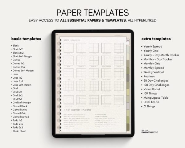 Digital Notebook V2 Yume Noto NozomuNoto Japanese Multipurpose Minimalist ADHD Bullet Journal Hyperlinked PDF Goodnotes Notability Android Tablet iPad Student Study Teacher Travel Cornell Grid Lines Dotted Template Noteshelf Samsung Xodo