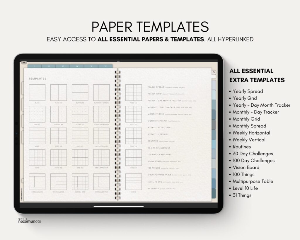 Digital Notebook V2 Landscape Yume Noto NozomuNoto Japanese Multipurpose Minimalist ADHD Bullet Journal Hyperlinked PDF Goodnotes Notability Android Tablet iPad Student Study Teacher Travel Cornell Grid Lines Dotted Template Noteshelf Samsung Xodo