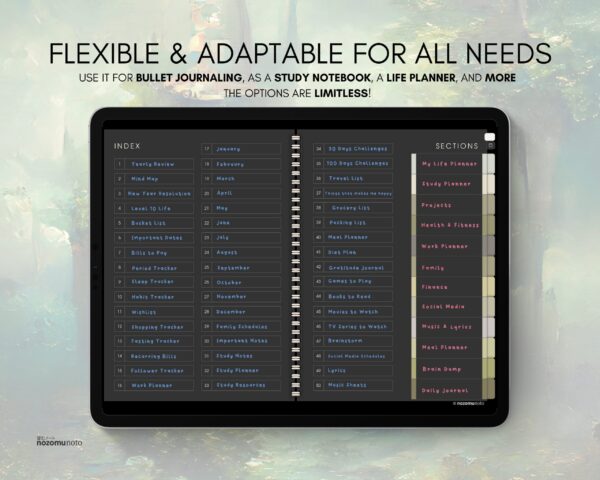 Digital Notebook V1 Landscape Yume Noto NozomuNoto Japanese Multipurpose Minimalist ADHD Bullet Journal Hyperlinked PDF Goodnotes Notability Android Tablet iPad Student Study Teacher Travel Cornell Grid Lines Dotted Template Noteshelf Samsung Xodo