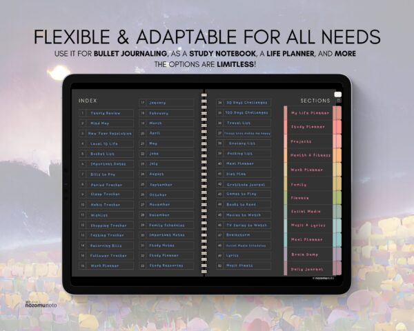 Digital Notebook V1 Landscape Yume Noto NozomuNoto Japanese Multipurpose Minimalist ADHD Bullet Journal Hyperlinked PDF Goodnotes Notability Android Tablet iPad Student Study Teacher Travel Cornell Grid Lines Dotted Template Noteshelf Samsung Xodo