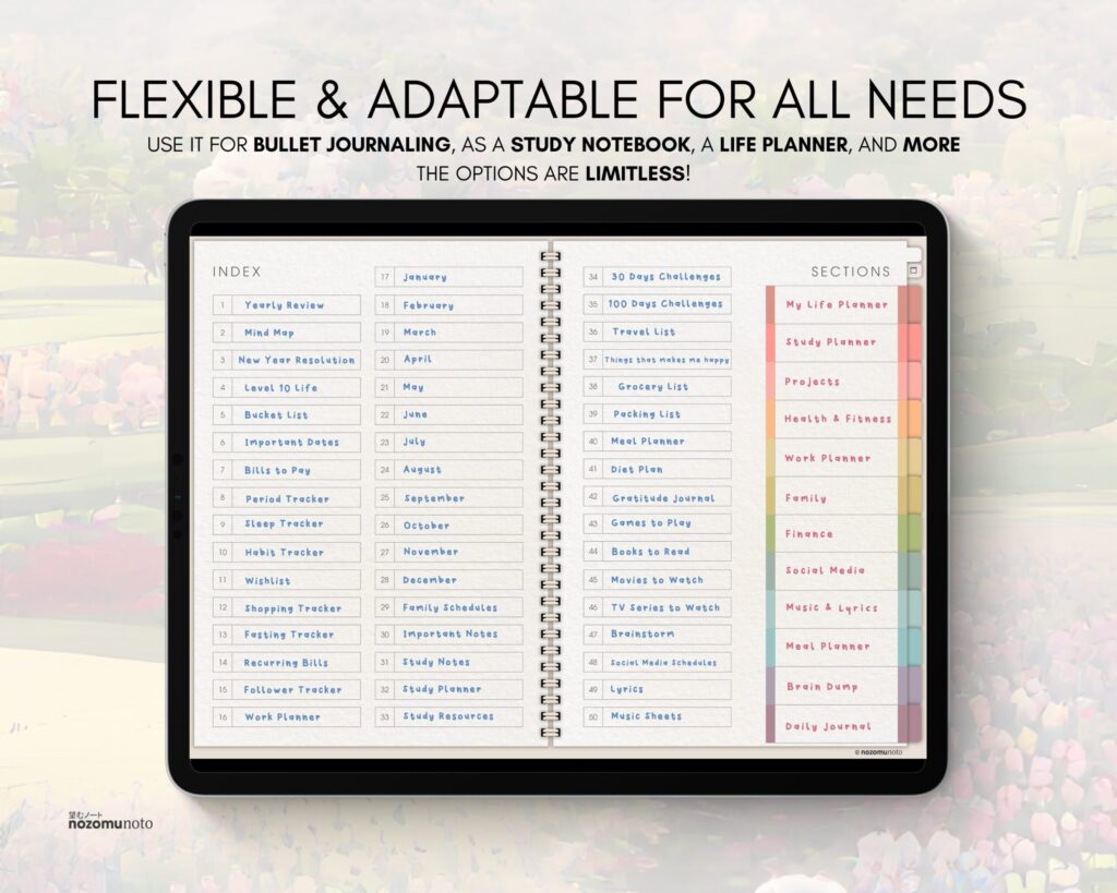 Digital Notebook V1 Landscape Yume Noto NozomuNoto Japanese Multipurpose Minimalist ADHD Bullet Journal Hyperlinked PDF Goodnotes Notability Android Tablet iPad Student Study Teacher Travel Cornell Grid Lines Dotted Template Noteshelf Samsung Xodo