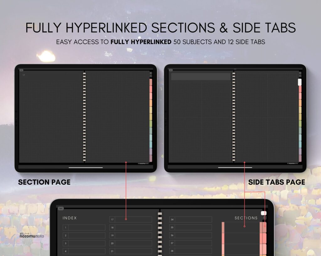 Digital Notebook V1 Landscape Yume Noto NozomuNoto Japanese Multipurpose Minimalist ADHD Bullet Journal Hyperlinked PDF Goodnotes Notability Android Tablet iPad Student Study Teacher Travel Cornell Grid Lines Dotted Template Noteshelf Samsung Xodo