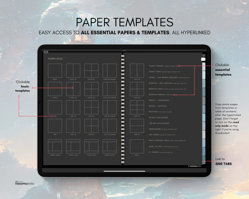 Digital Notebook V1 Landscape Yume Noto NozomuNoto Japanese Multipurpose Minimalist ADHD Bullet Journal Hyperlinked PDF Goodnotes Notability Android Tablet iPad Student Study Teacher Travel Cornell Grid Lines Dotted Template Noteshelf Samsung Xodo