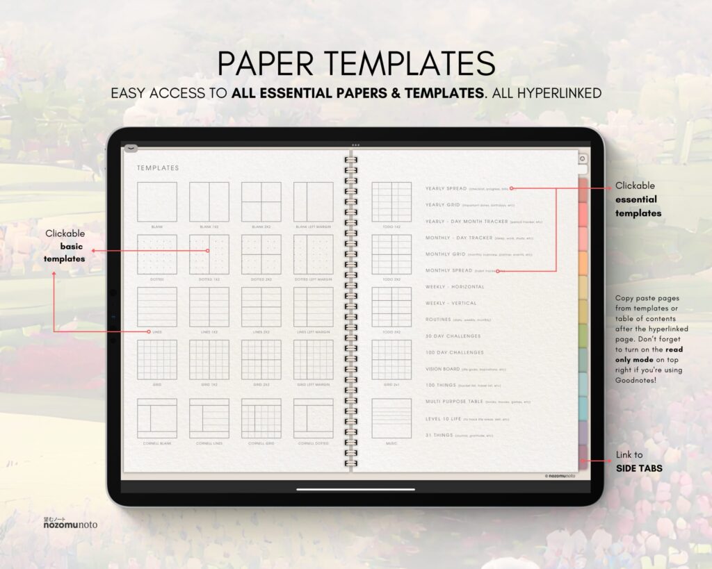 Digital Notebook V1 Landscape Yume Noto NozomuNoto Japanese Multipurpose Minimalist ADHD Bullet Journal Hyperlinked PDF Goodnotes Notability Android Tablet iPad Student Study Teacher Travel Cornell Grid Lines Dotted Template Noteshelf Samsung Xodo