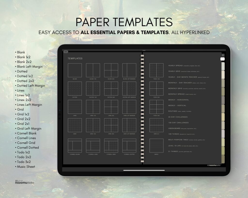 Digital Notebook V1 Landscape Yume Noto NozomuNoto Japanese Multipurpose Minimalist ADHD Bullet Journal Hyperlinked PDF Goodnotes Notability Android Tablet iPad Student Study Teacher Travel Cornell Grid Lines Dotted Template Noteshelf Samsung Xodo