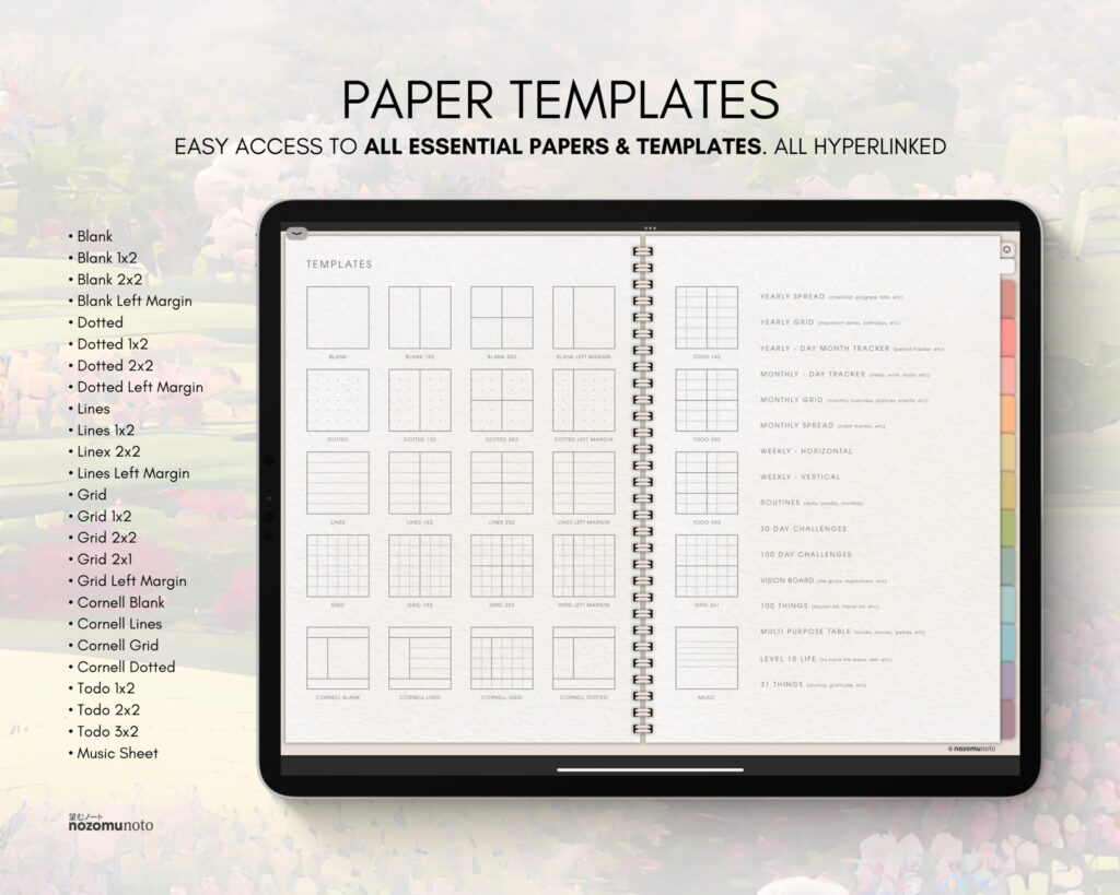 Digital Notebook V1 Landscape Yume Noto NozomuNoto Japanese Multipurpose Minimalist ADHD Bullet Journal Hyperlinked PDF Goodnotes Notability Android Tablet iPad Student Study Teacher Travel Cornell Grid Lines Dotted Template Noteshelf Samsung Xodo