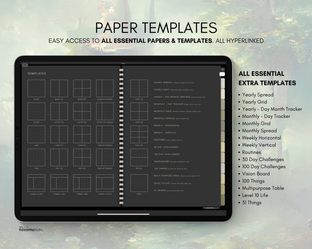 Digital Notebook V1 Landscape Yume Noto NozomuNoto Japanese Multipurpose Minimalist ADHD Bullet Journal Hyperlinked PDF Goodnotes Notability Android Tablet iPad Student Study Teacher Travel Cornell Grid Lines Dotted Template Noteshelf Samsung Xodo