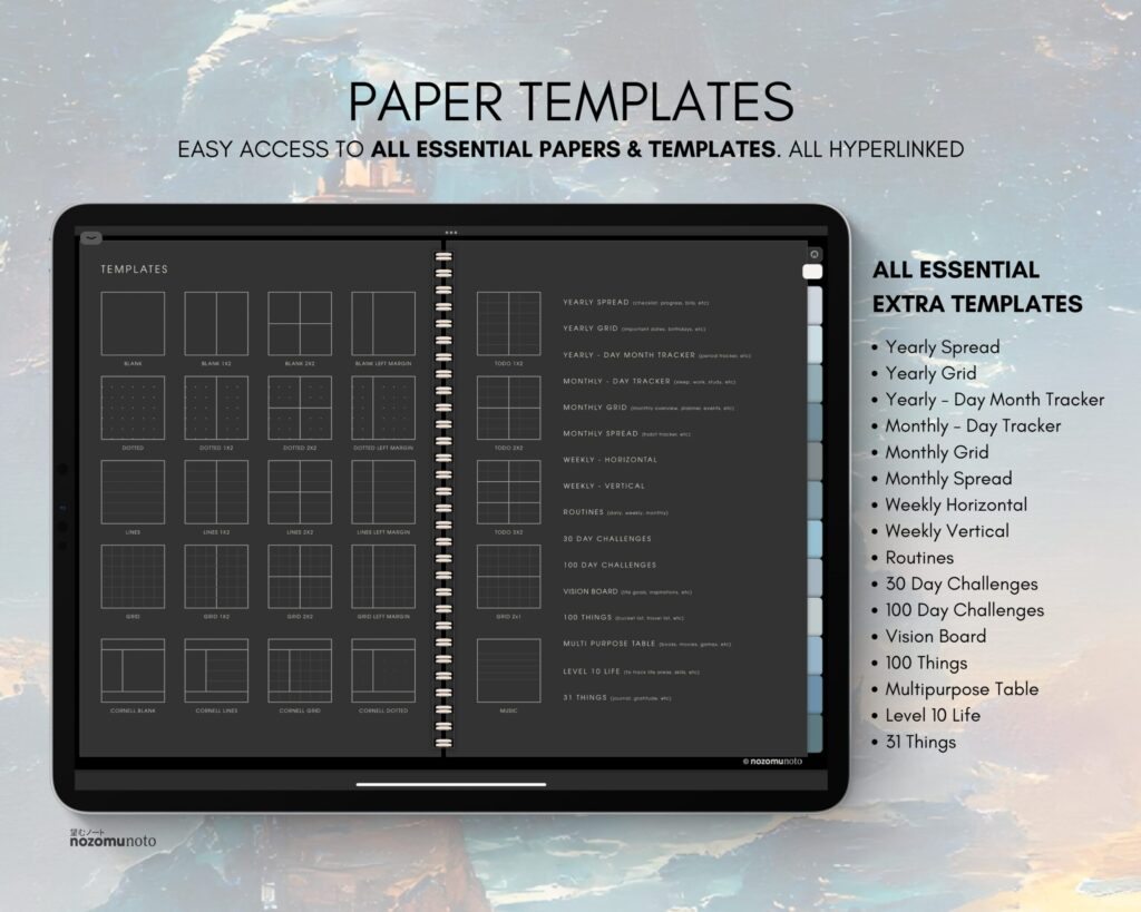 Digital Notebook V1 Landscape Yume Noto NozomuNoto Japanese Multipurpose Minimalist ADHD Bullet Journal Hyperlinked PDF Goodnotes Notability Android Tablet iPad Student Study Teacher Travel Cornell Grid Lines Dotted Template Noteshelf Samsung Xodo