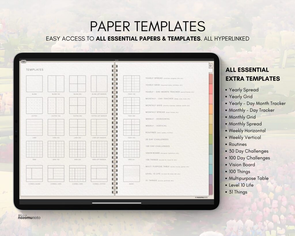 Digital Notebook V1 Landscape Yume Noto NozomuNoto Japanese Multipurpose Minimalist ADHD Bullet Journal Hyperlinked PDF Goodnotes Notability Android Tablet iPad Student Study Teacher Travel Cornell Grid Lines Dotted Template Noteshelf Samsung Xodo